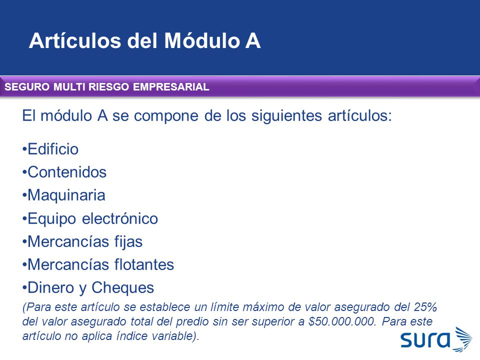 Artículos del Módulo A SEGURO MULTI RIESGO EMPRESARIAL. El módulo A se compone de los siguientes artículos:
