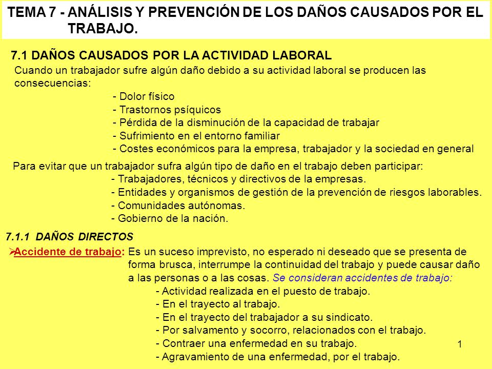 TEMA 7 - ANÁLISIS Y PREVENCIÓN DE LOS DAÑOS CAUSADOS POR EL TRABAJO.