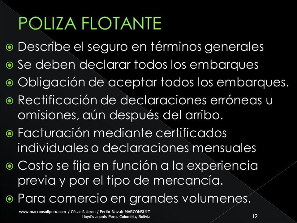 POLIZA FLOTANTE Describe el seguro en términos generales