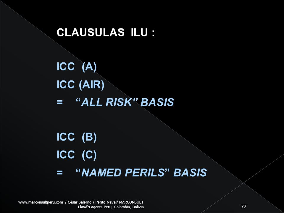 CLAUSULAS ILU : ICC (A) ICC (AIR) = ALL RISK BASIS ICC (B) ICC (C)