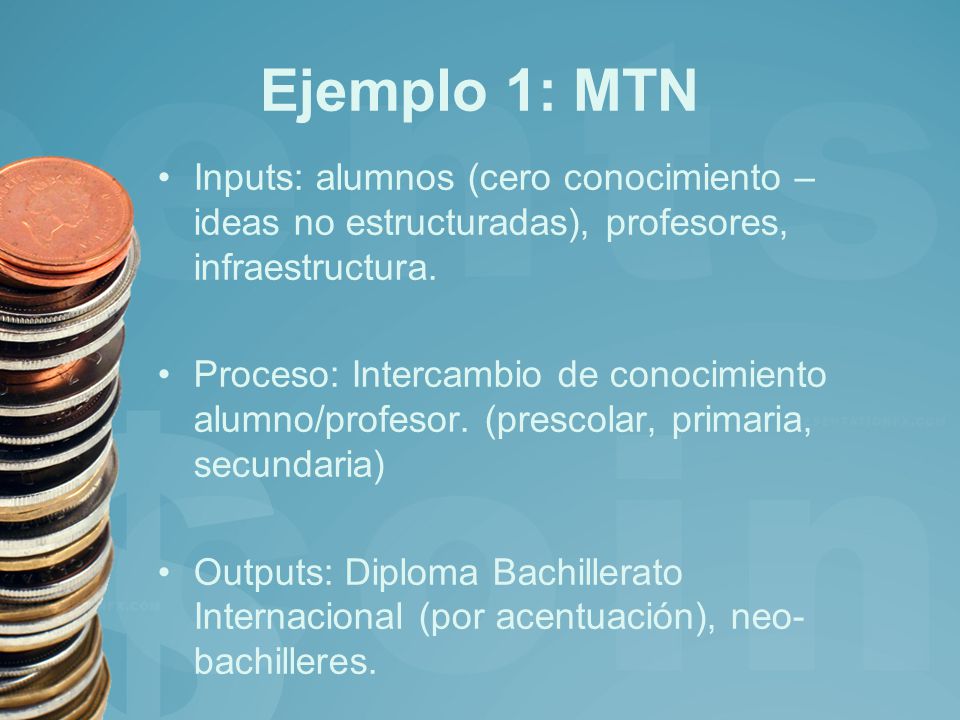 Ejemplo 1: MTN Inputs: alumnos (cero conocimiento – ideas no estructuradas), profesores, infraestructura.