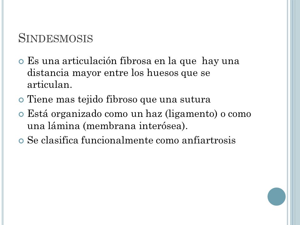 Sindesmosis Es una articulación fibrosa en la que hay una distancia mayor entre los huesos que se articulan.
