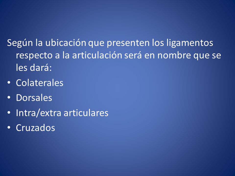 Según la ubicación que presenten los ligamentos respecto a la articulación será en nombre que se les dará: