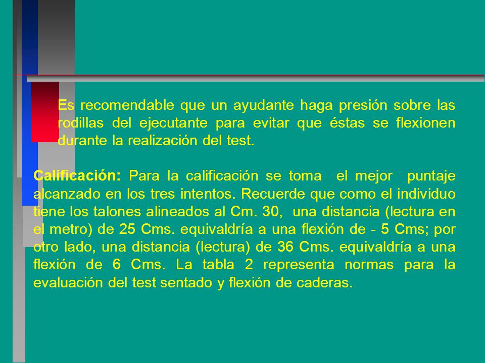 Es recomendable que un ayudante haga presión sobre las rodillas del ejecutante para evitar que éstas se flexionen durante la realización del test.