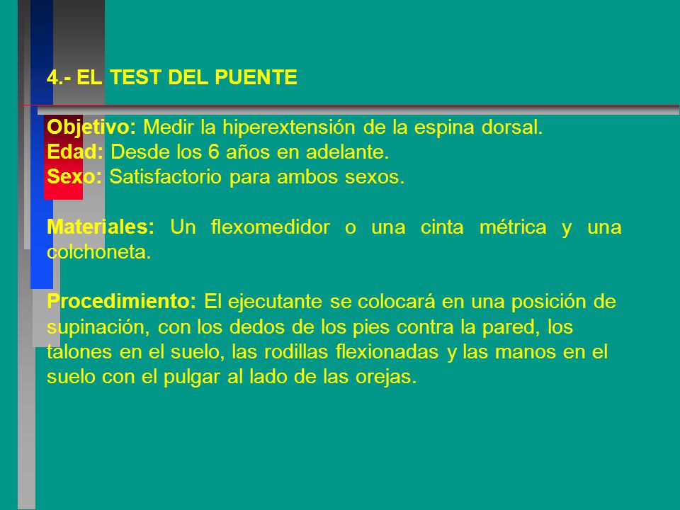 4.- EL TEST DEL PUENTE Objetivo: Medir la hiperextensión de la espina dorsal. Edad: Desde los 6 años en adelante.