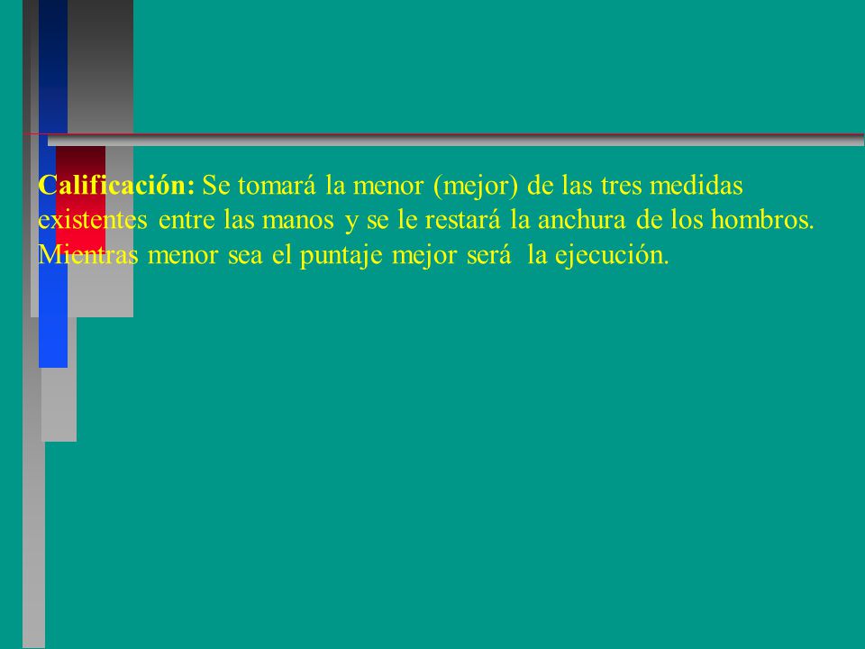 Calificación: Se tomará la menor (mejor) de las tres medidas existentes entre las manos y se le restará la anchura de los hombros.