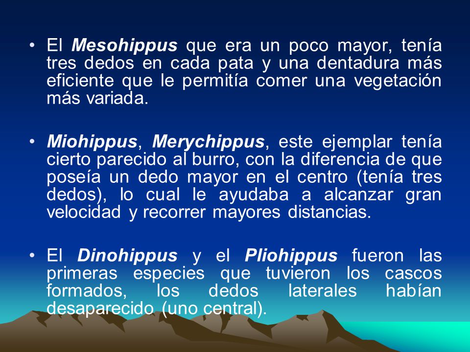 El Mesohippus que era un poco mayor, tenía tres dedos en cada pata y una dentadura más eficiente que le permitía comer una vegetación más variada.