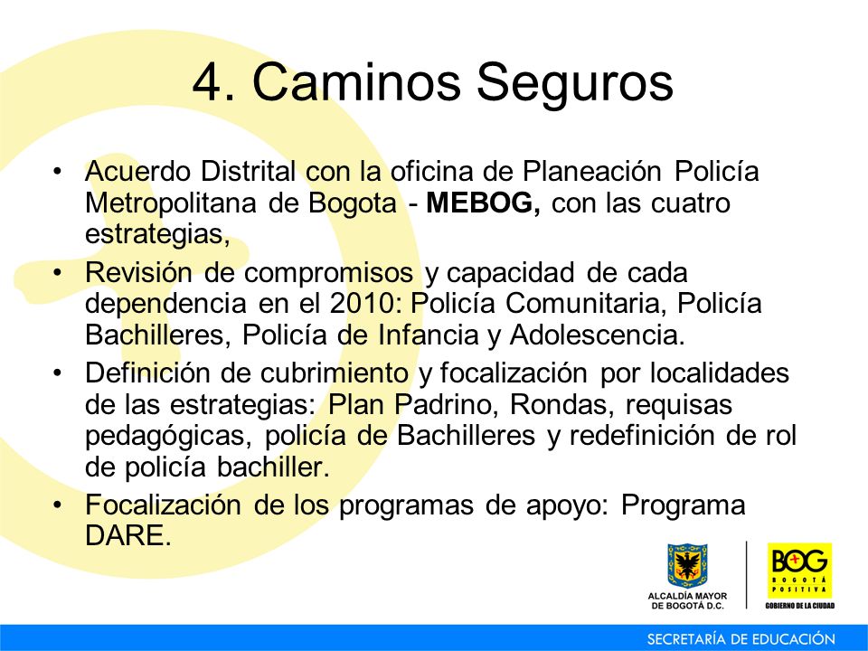 4. Caminos Seguros Acuerdo Distrital con la oficina de Planeación Policía Metropolitana de Bogota - MEBOG, con las cuatro estrategias,