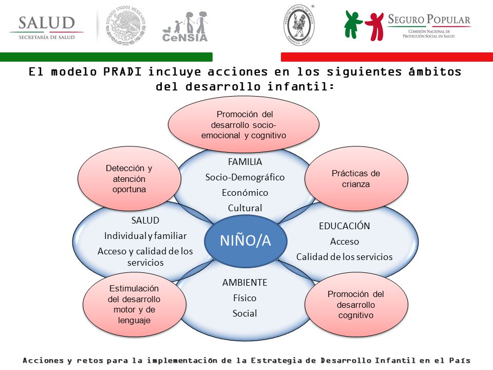 El modelo PRADI incluye acciones en los siguientes ámbitos del desarrollo infantil: