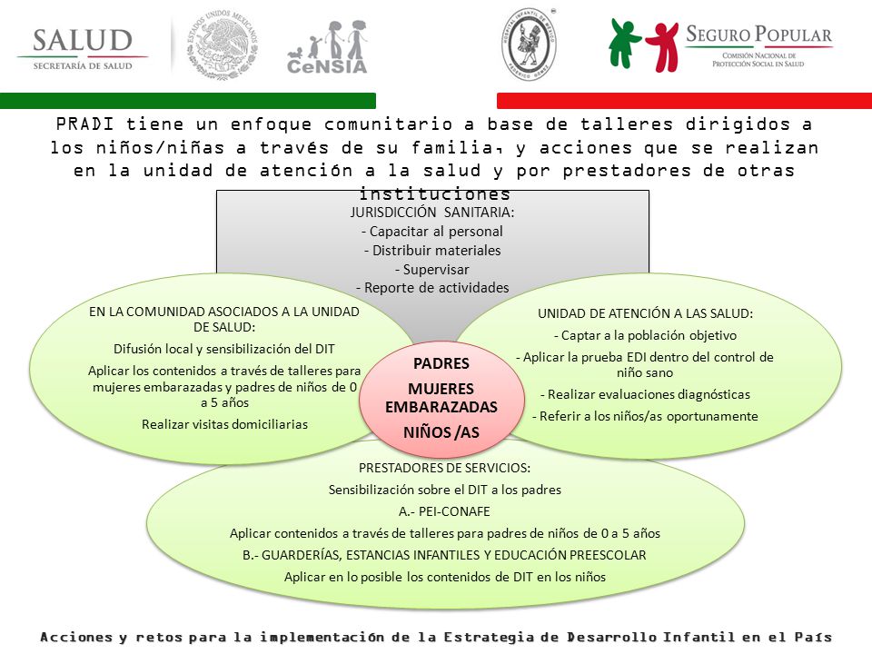 PRADI tiene un enfoque comunitario a base de talleres dirigidos a los niños/niñas a través de su familia, y acciones que se realizan en la unidad de atención a la salud y por prestadores de otras instituciones