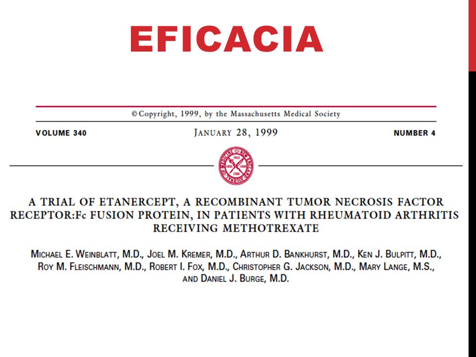Eficacia Determinar si la adicion de etanercept al tto con MTx trae beneficio adicional para los pacientes con Ar activa a pesar de MTX.