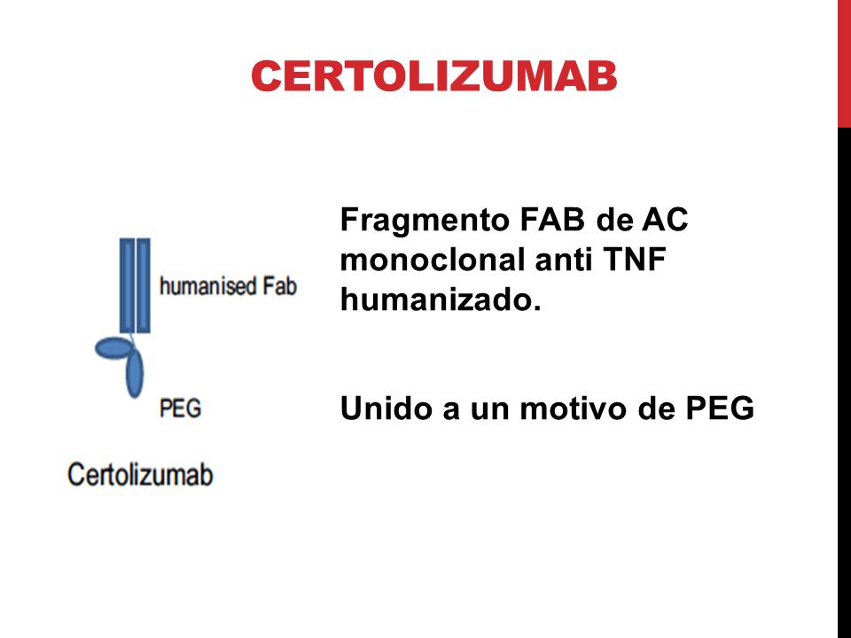 certolizumab Fragmento FAB de AC monoclonal anti TNF humanizado. Unido a un motivo de PEG