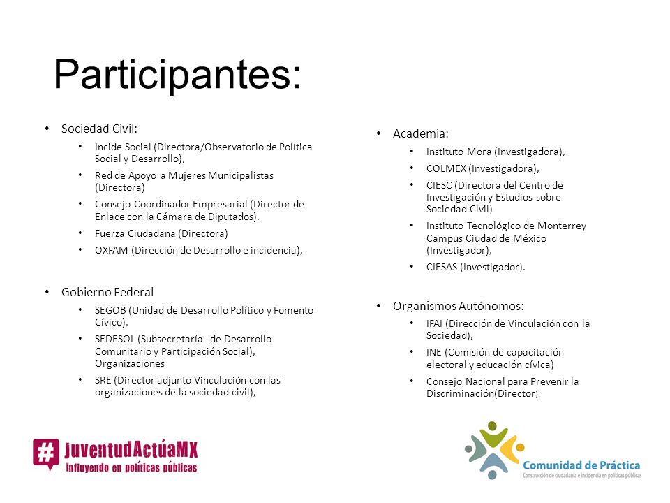 Participantes: Sociedad Civil: Academia: Gobierno Federal