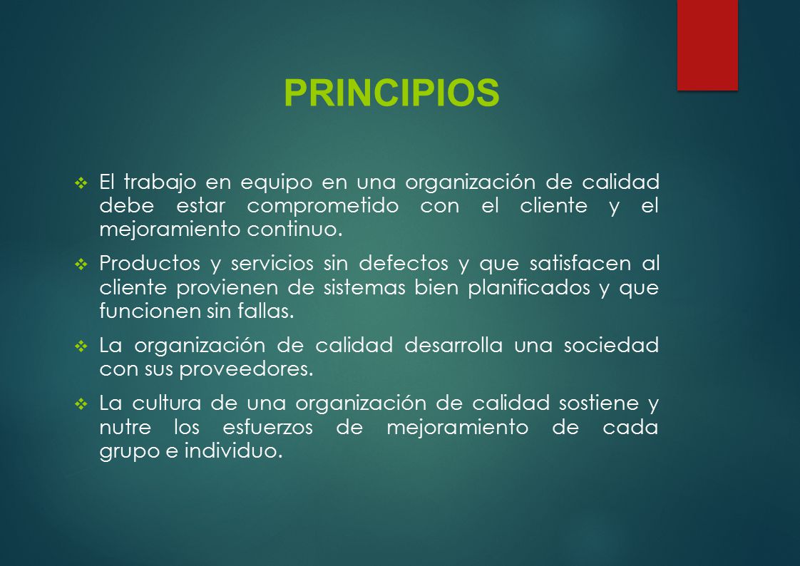 PRINCIPIOS El trabajo en equipo en una organización de calidad debe estar comprometido con el cliente y el mejoramiento continuo.