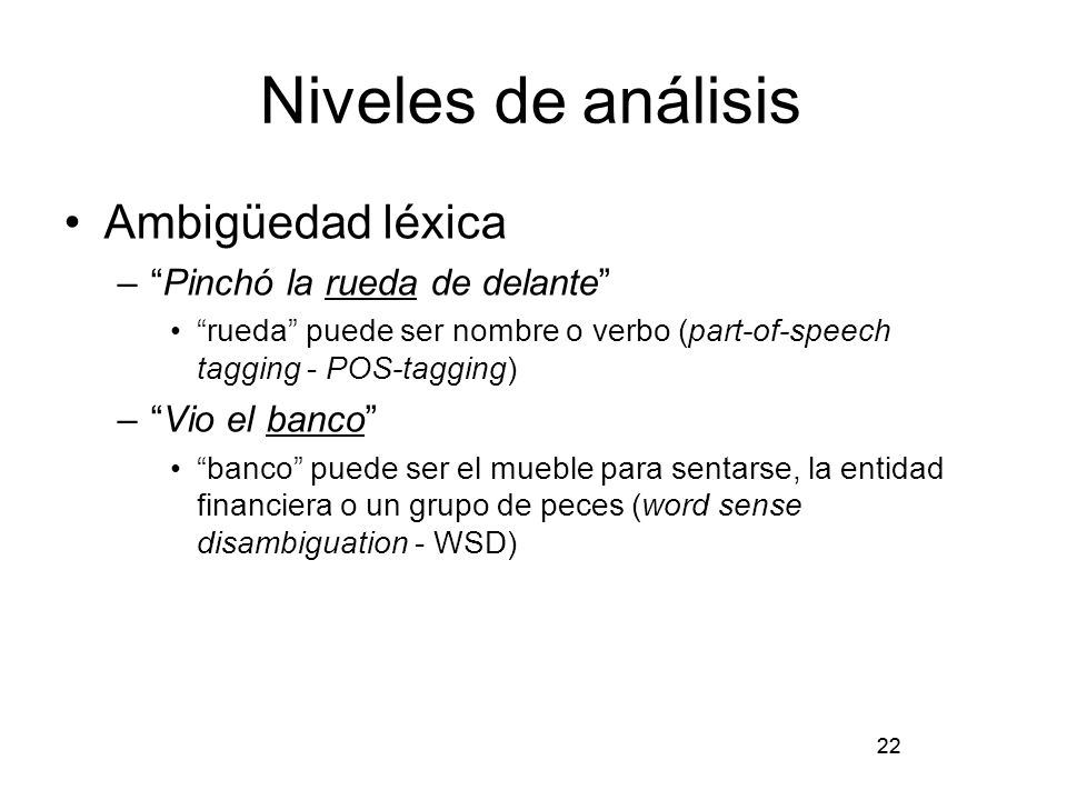 Niveles de análisis Ambigüedad léxica Pinchó la rueda de delante