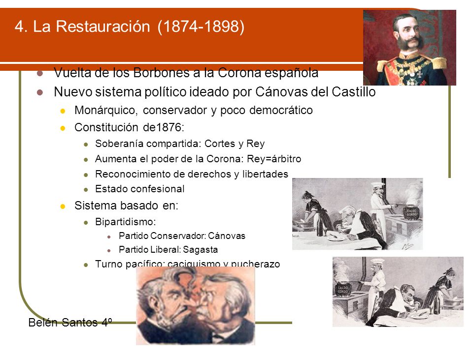 4. La Restauración ( ) Vuelta de los Borbones a la Corona española. Nuevo sistema político ideado por Cánovas del Castillo.