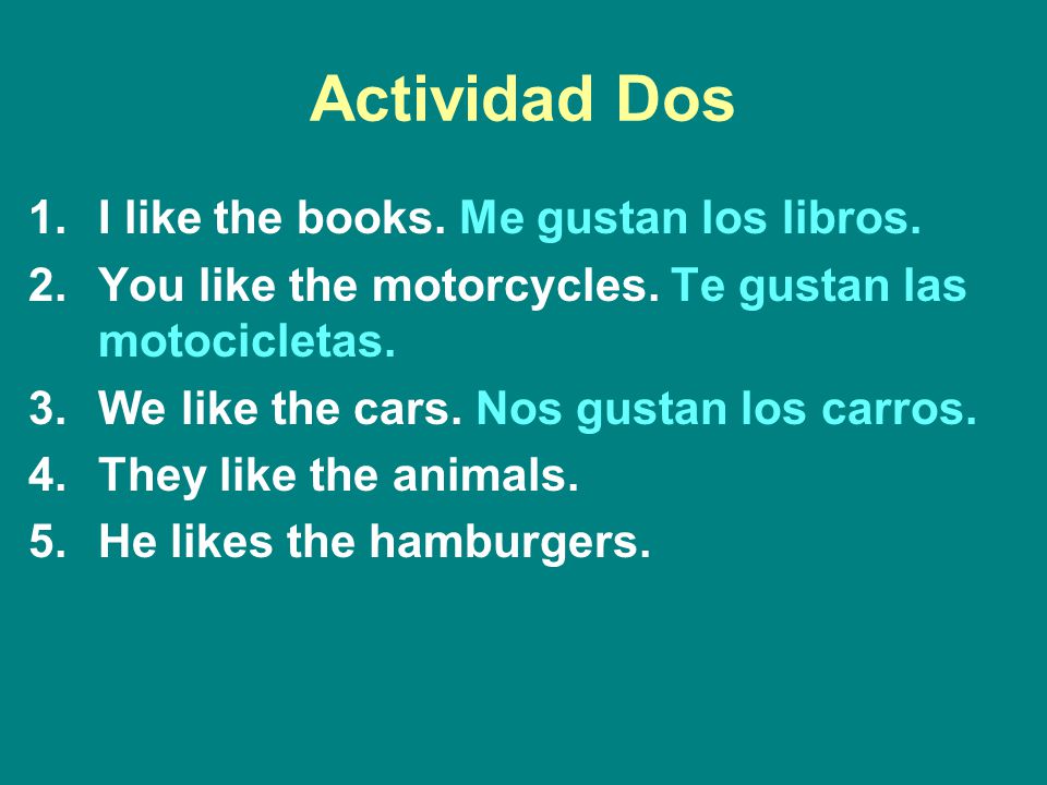 Actividad Dos I like the books. Me gustan los libros.