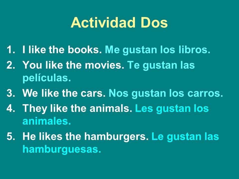 Actividad Dos I like the books. Me gustan los libros.