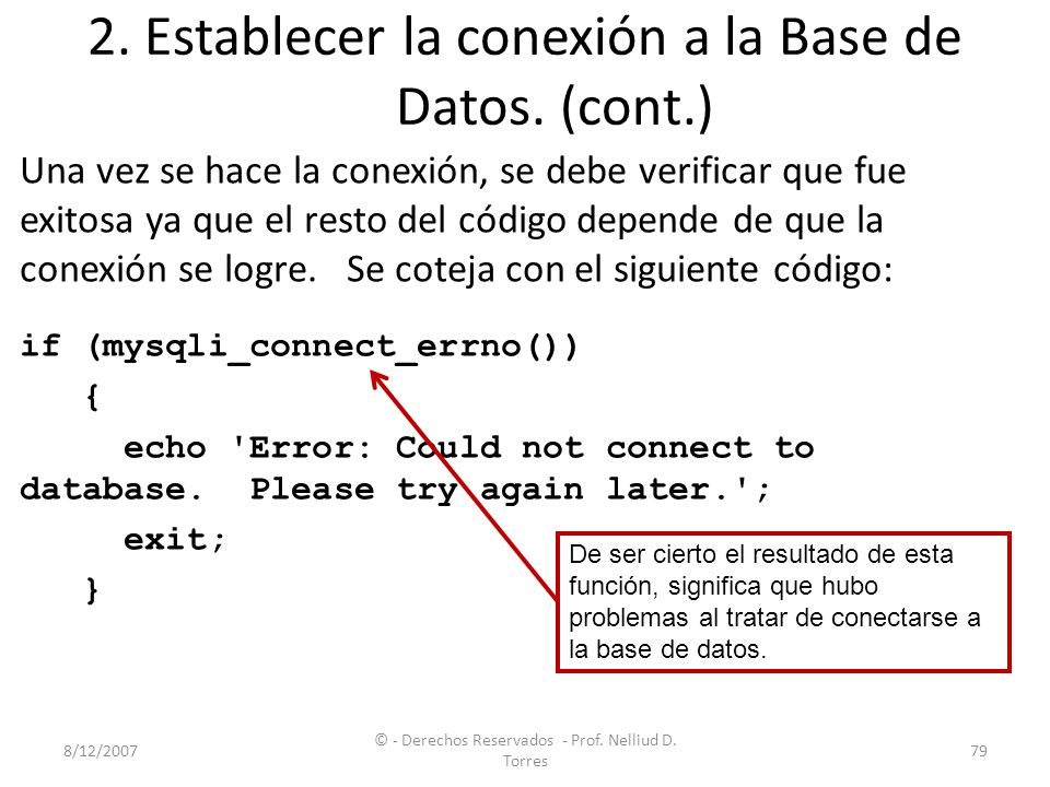 2. Establecer la conexión a la Base de Datos. (cont.)