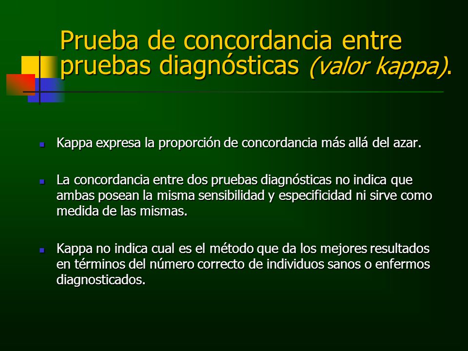 Prueba de concordancia entre pruebas diagnósticas (valor kappa).