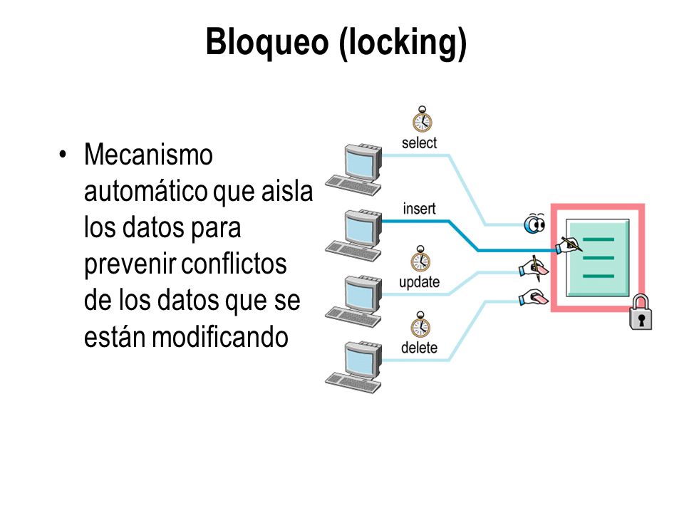 Bloqueo (locking) Mecanismo automático que aisla los datos para prevenir conflictos de los datos que se están modificando.