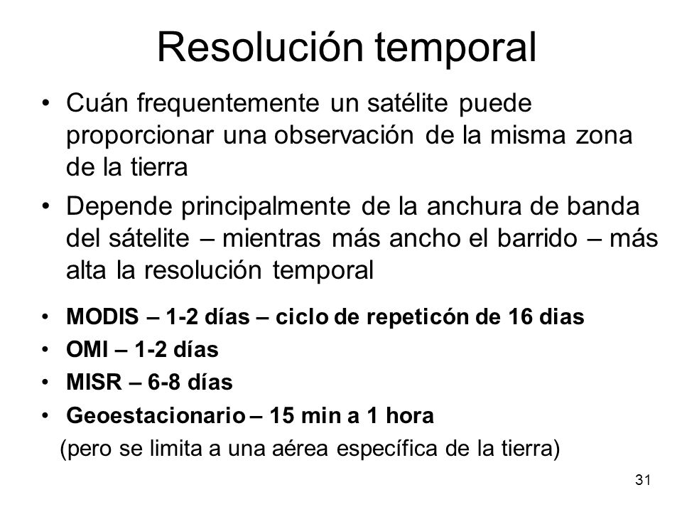 Resolución temporal Cuán frequentemente un satélite puede proporcionar una observación de la misma zona de la tierra.