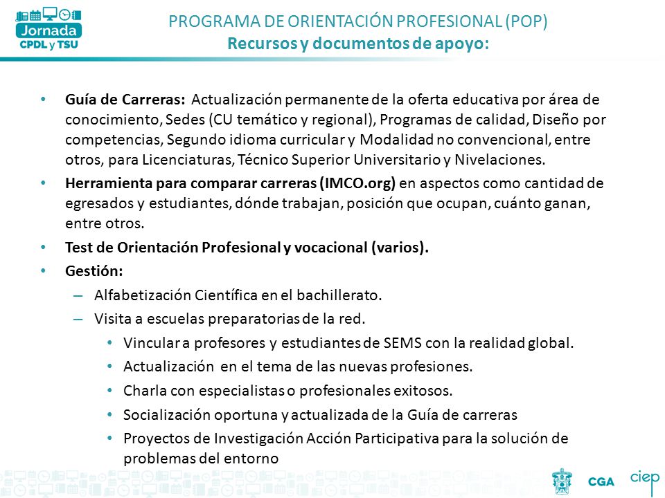 PROGRAMA DE ORIENTACIÓN PROFESIONAL (POP) Recursos y documentos de apoyo: