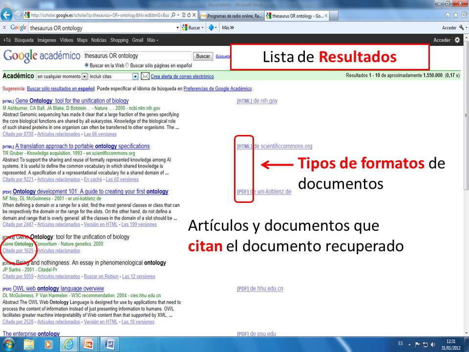 Lista de Resultados Tipos de formatos de documentos.