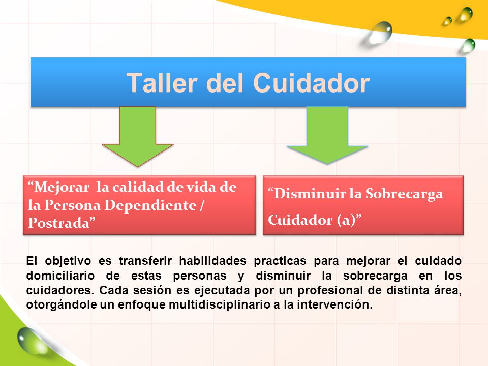 Taller del Cuidador Mejorar la calidad de vida de la Persona Dependiente / Postrada Disminuir la Sobrecarga Cuidador (a)