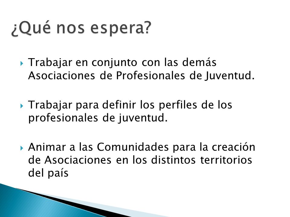 ¿Qué nos espera Trabajar en conjunto con las demás Asociaciones de Profesionales de Juventud.