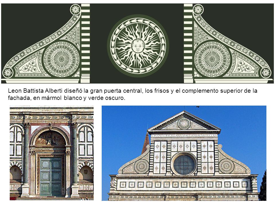 Leon Battista Alberti diseñó la gran puerta central, los frisos y el complemento superior de la fachada, en mármol blanco y verde oscuro.