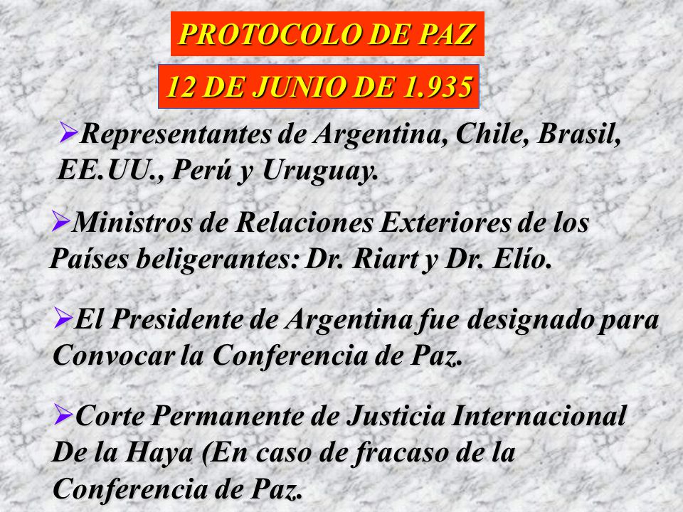 PROTOCOLO DE PAZ 12 DE JUNIO DE Representantes de Argentina, Chile, Brasil, EE.UU., Perú y Uruguay.