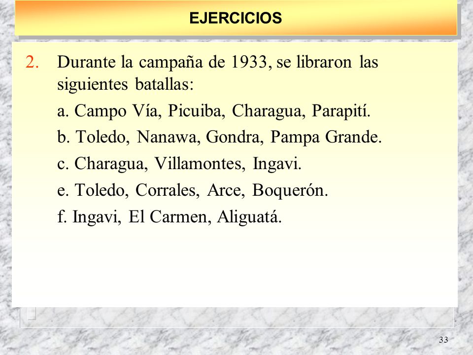 Durante la campaña de 1933, se libraron las siguientes batallas: