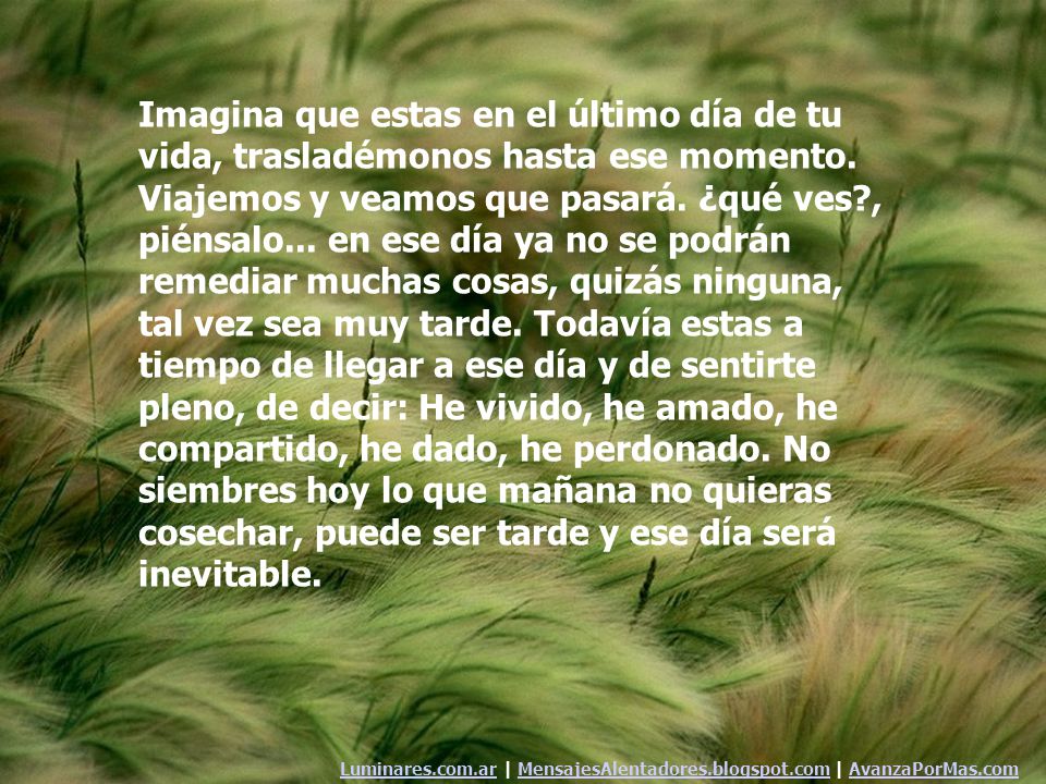 Imagina que estas en el último día de tu vida, trasladémonos hasta ese momento. Viajemos y veamos que pasará. ¿qué ves , piénsalo... en ese día ya no se podrán remediar muchas cosas, quizás ninguna, tal vez sea muy tarde. Todavía estas a tiempo de llegar a ese día y de sentirte pleno, de decir: He vivido, he amado, he compartido, he dado, he perdonado. No siembres hoy lo que mañana no quieras cosechar, puede ser tarde y ese día será inevitable.