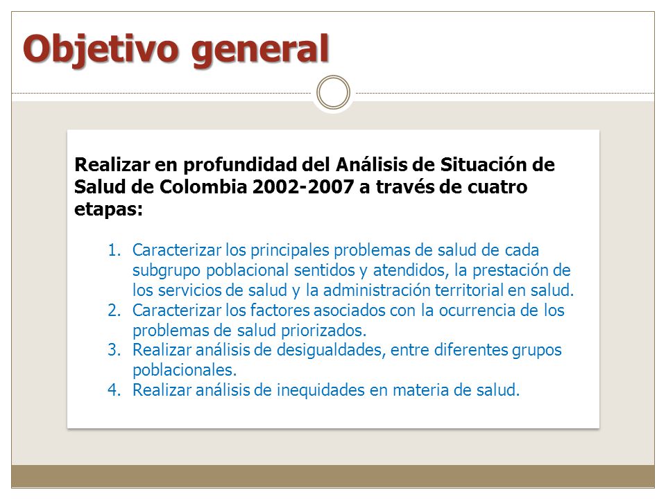 Objetivo general Realizar en profundidad del Análisis de Situación de Salud de Colombia a través de cuatro etapas: