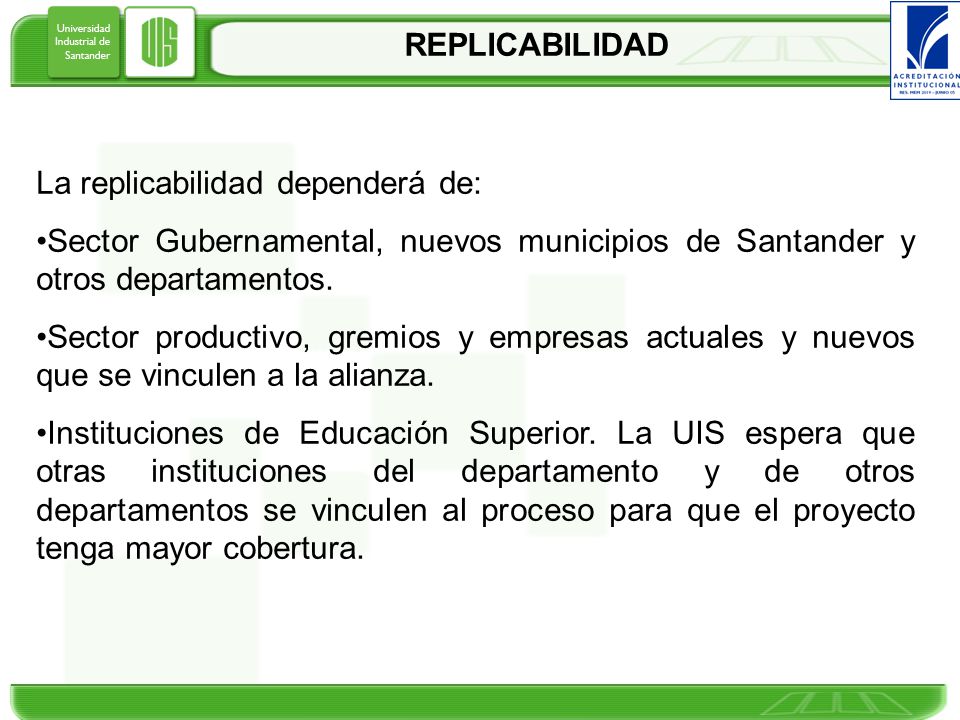 REPLICABILIDAD La replicabilidad dependerá de: Sector Gubernamental, nuevos municipios de Santander y otros departamentos.