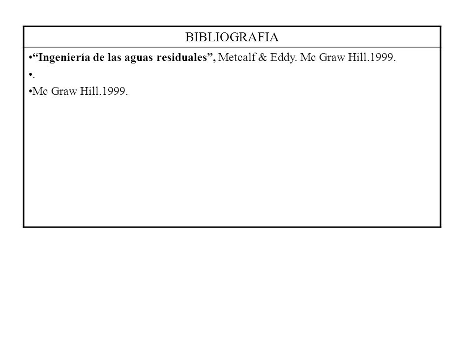 BIBLIOGRAFIA Ingeniería de las aguas residuales , Metcalf & Eddy.