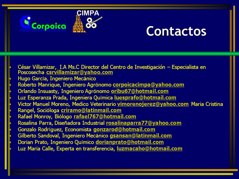 Contactos César Villamizar, I.A Ms.C Director del Centro de Investigación – Especialista en Poscosecha