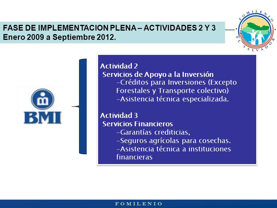 FASE DE IMPLEMENTACION PLENA – ACTIVIDADES 2 Y 3 Enero 2009 a Septiembre 2012.
