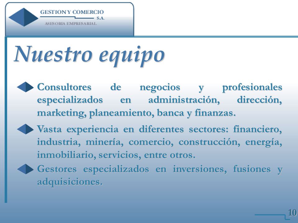 Nuestro equipo Consultores de negocios y profesionales especializados en administración, dirección, marketing, planeamiento, banca y finanzas.