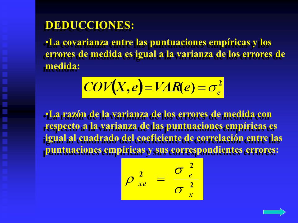 DEDUCCIONES: La covarianza entre las puntuaciones empíricas y los errores de medida es igual a la varianza de los errores de medida: