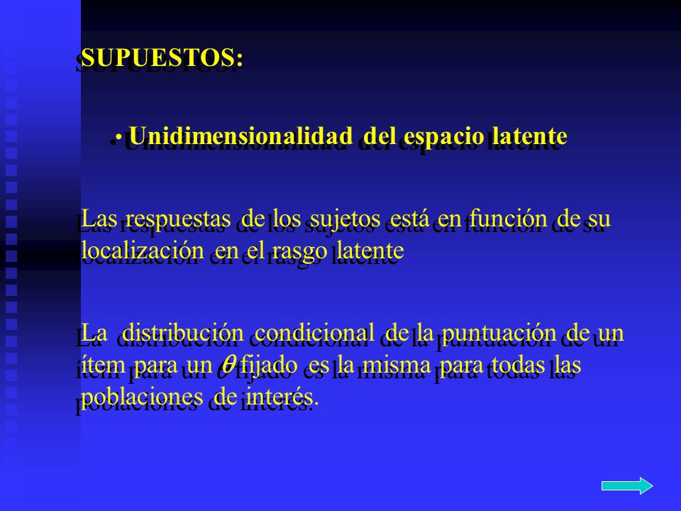 SUPUESTOS: Unidimensionalidad del espacio latente. Las respuestas de los sujetos está en función de su localización en el rasgo latente.