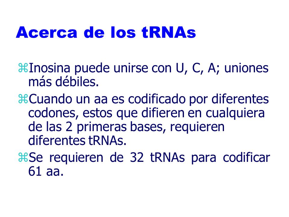 Acerca de los tRNAs Inosina puede unirse con U, C, A; uniones más débiles.