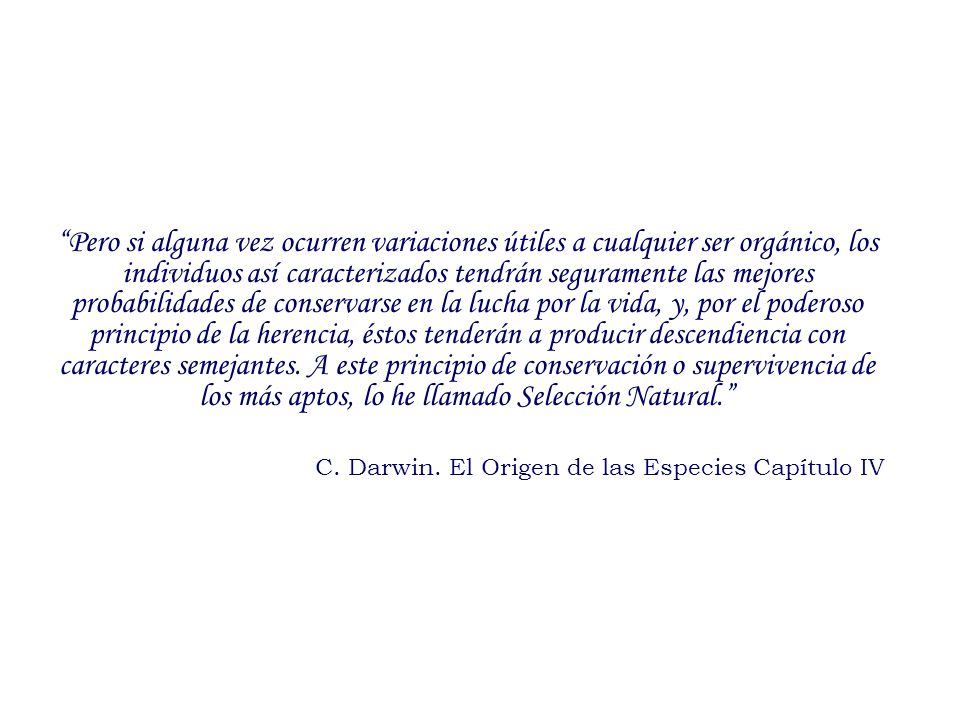 Pero si alguna vez ocurren variaciones útiles a cualquier ser orgánico, los individuos así caracterizados tendrán seguramente las mejores probabilidades de conservarse en la lucha por la vida, y, por el poderoso principio de la herencia, éstos tenderán a producir descendiencia con caracteres semejantes. A este principio de conservación o supervivencia de los más aptos, lo he llamado Selección Natural.