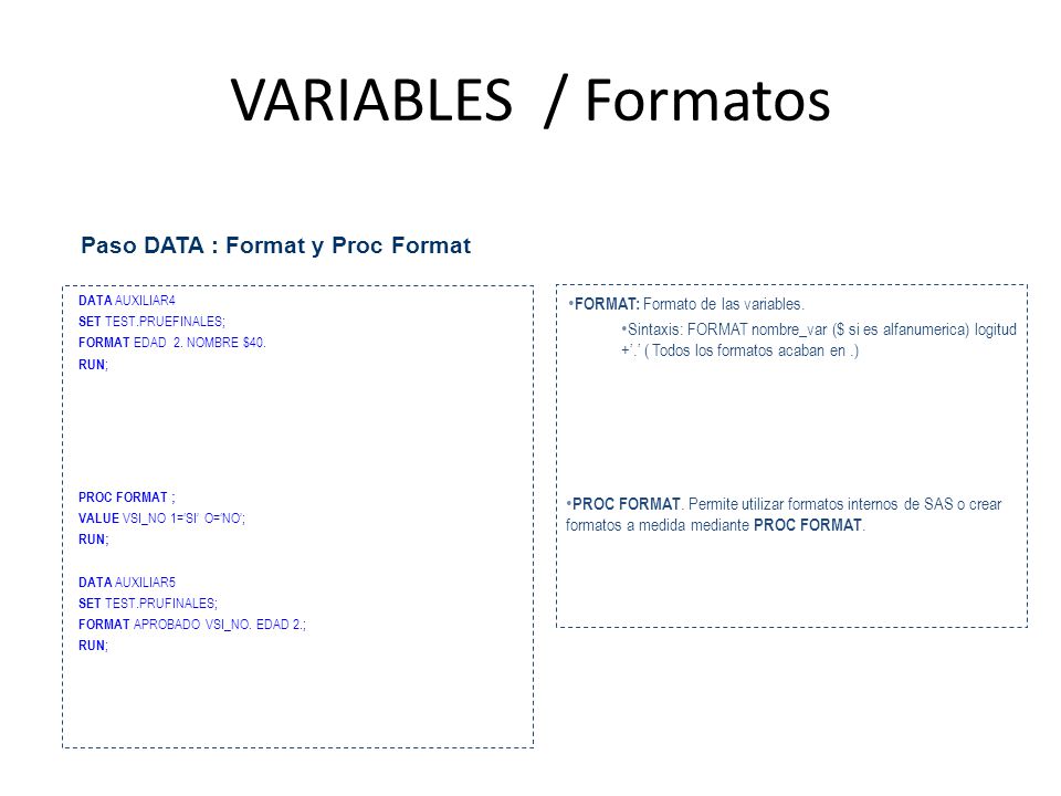 VARIABLES / Formatos Paso DATA : Format y Proc Format