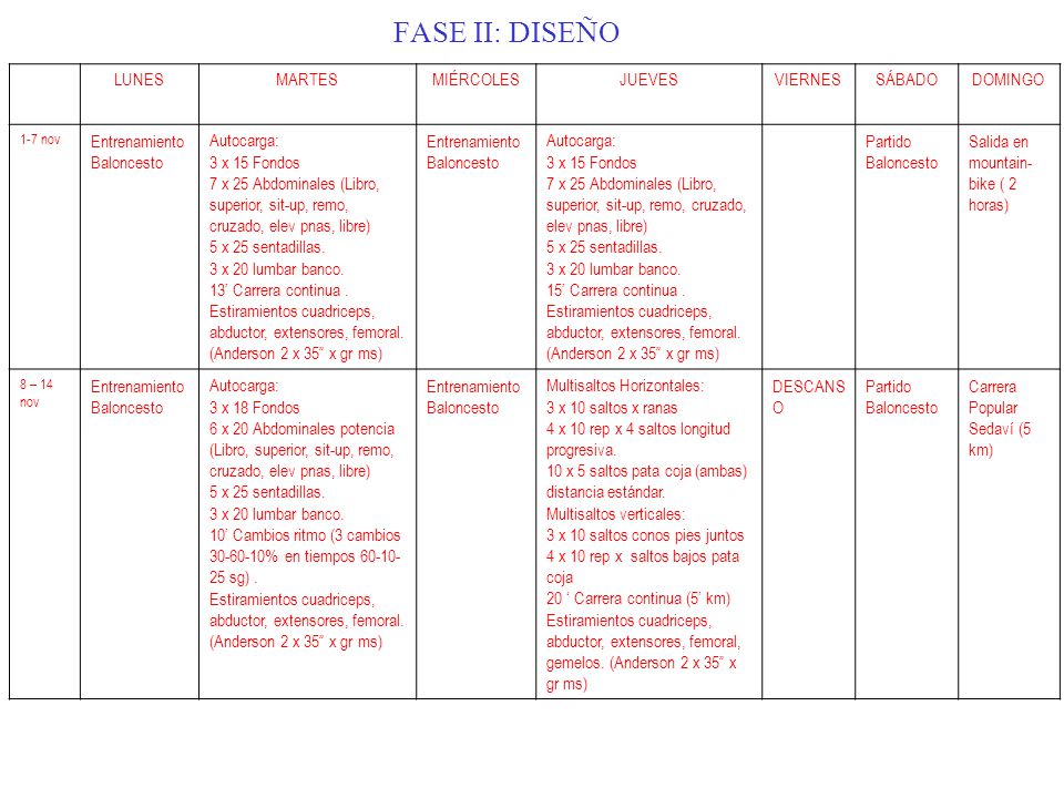 FASE II: DISEÑO LUNES MARTES MIÉRCOLES JUEVES VIERNES SÁBADO DOMINGO