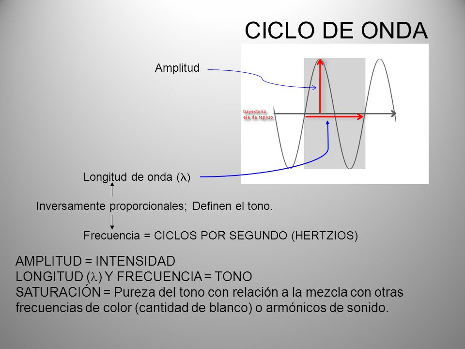 CICLO DE ONDA AMPLITUD = INTENSIDAD LONGITUD (l) Y FRECUENCIA = TONO