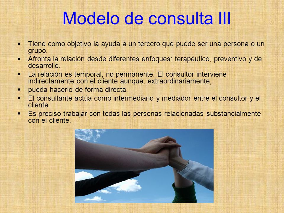 Modelo de consulta III Tiene como objetivo la ayuda a un tercero que puede ser una persona o un grupo.