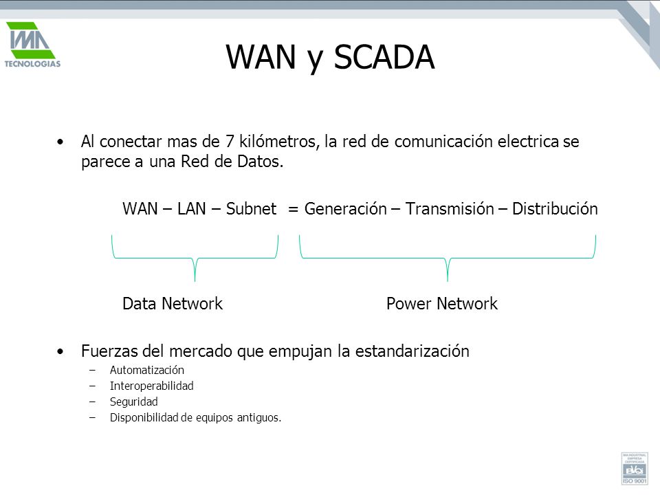 WAN y SCADA Al conectar mas de 7 kilómetros, la red de comunicación electrica se parece a una Red de Datos.