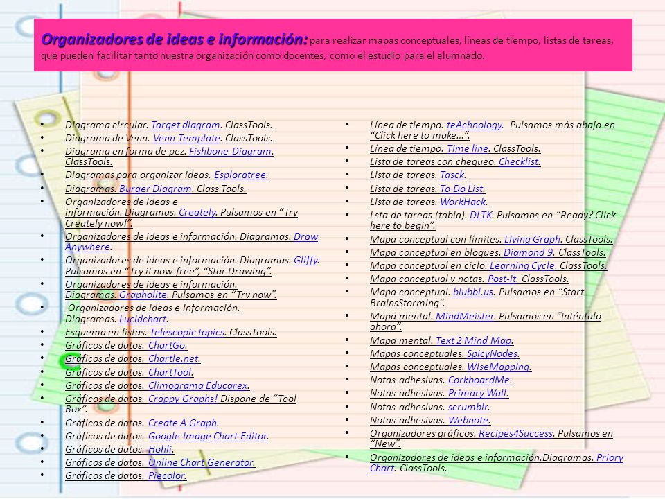 Organizadores de ideas e información: para realizar mapas conceptuales, líneas de tiempo, listas de tareas, que pueden facilitar tanto nuestra organización como docentes, como el estudio para el alumnado.